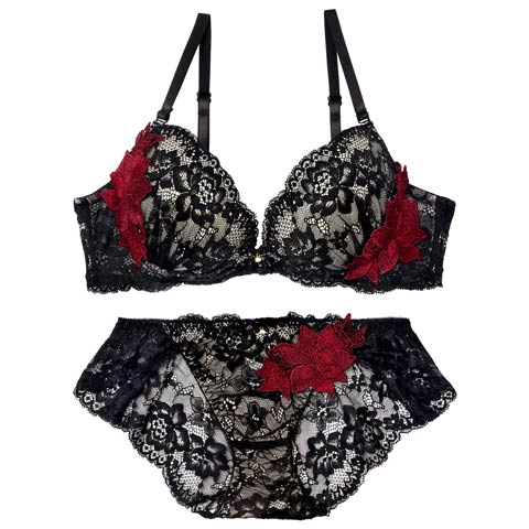 3/23新作!【EFサイズ】ラグジュアリーブルームレースブラジャー&バック透けフルバックショーツ ［大人気］(ブラック-E70/ショーツM)