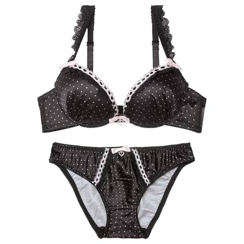 2/6新作!スウィートリボンドットブラジャー＆フルバックショーツ［激売れ］(ブラック-B65/ショーツM)