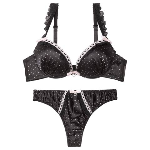 2/6新作!スウィートリボンドットブラジャー＆Tバックショーツ［激売れ］(ブラック-B65/ショーツM)