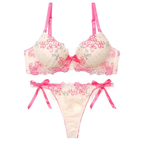 4/6新作!プリティビビットフルールブラジャー&サイド紐バック透けTバックショーツ［激売れ］(ピンク-B65/ショーツM)