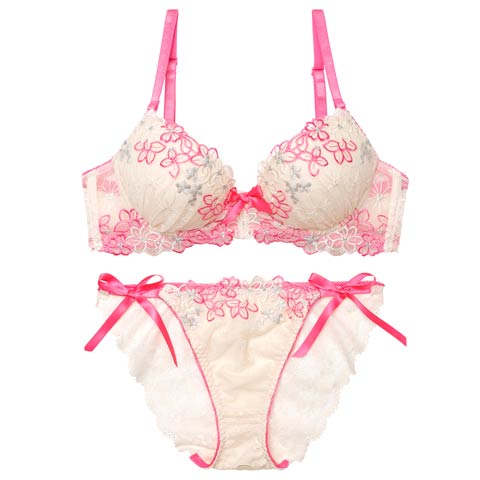 4/6新作!【EFサイズ】プリティビビットフルールブラジャー&サイド紐バック透けフルバックショーツ［大人気］(ピンク-E70/ショーツM)