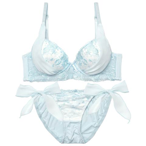 1/23新作!ミルキーブロッサムリボン育乳脇高ブラジャー&サイド紐フルバックショーツ［激売れ］(サックス-B65/ショーツM)