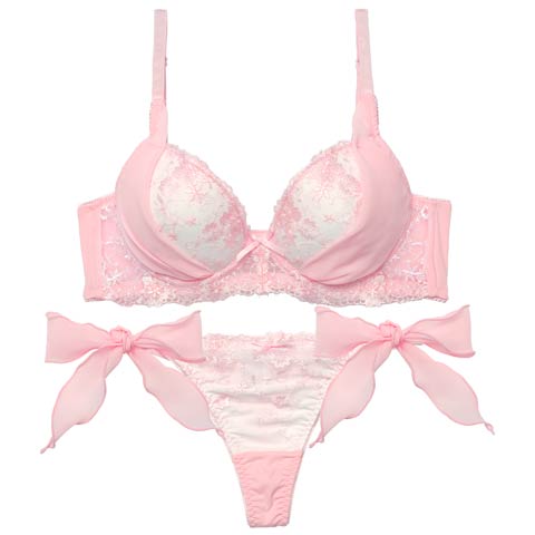 1/23新作!ミルキーブロッサムリボン育乳脇高ブラジャー&サイド紐Tバックショーツ［激売れ］(ピンク-B65/ショーツM)