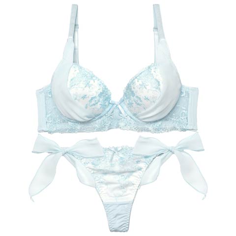 1/23新作!ミルキーブロッサムリボン育乳脇高ブラジャー&サイド紐Tバックショーツ［激売れ］(サックス-B65/ショーツM)