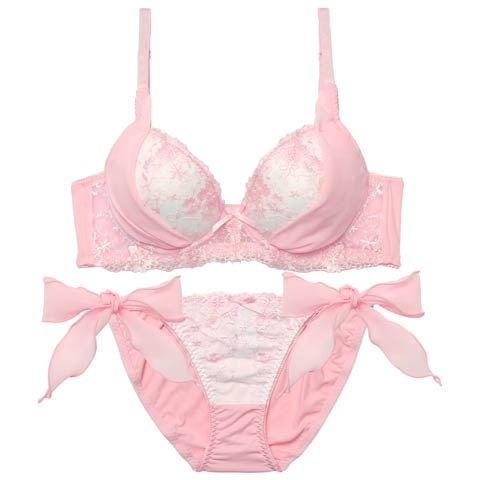 1/23新作!【EFサイズ】ミルキーブロッサムリボン育乳脇高ブラジャー&サイド紐フルバックショーツ［大人気］(ピンク-E70/ショーツM)