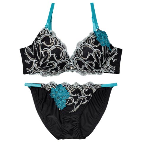 3/30新作!【三上悠亜着用】エレガントアシンメトリーブロッサムブラジャー&フルバックショーツ［激売れ］(ブラック-A70/ショーツM)