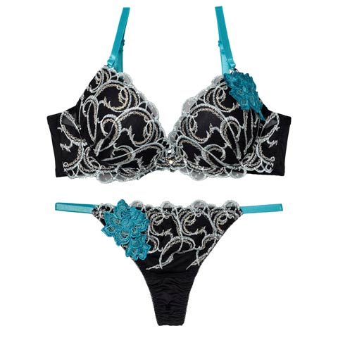 3/30新作!【三上悠亜着用】エレガントアシンメトリーブロッサムブラジャー&Tバックショーツ［激売れ］(ブラック-A70/ショーツM)