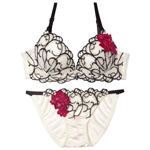 3/30新作!【三上悠亜着用】【EFサイズ】エレガントアシンメトリーブロッサムブラジャー&フルバックショーツ［大人気］(オフホワイト-E70/ショーツM)
