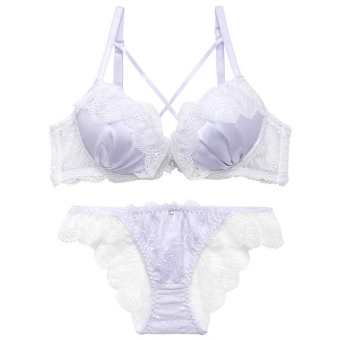 4/8新作!【かとゆり着用】【EFサイズ】ミルキーサテンレースブラジャー&バック透けフルバックショーツ［大人気］(パープル-E70/ショーツM)