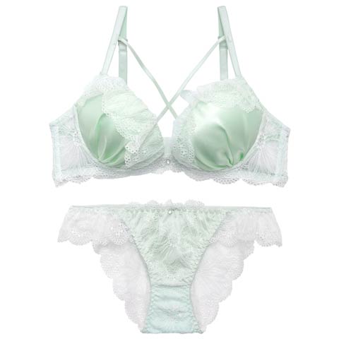4/8新作!【かとゆり着用】【EFサイズ】ミルキーサテンレースブラジャー&バック透けフルバックショーツ［大人気］(ミント-E70/ショーツM)
