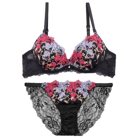 4/13新作!アラベスクビビッドブルームブラジャー&バック透けフルバックショーツ［激売れ］(ブラック-A70/ショーツM)