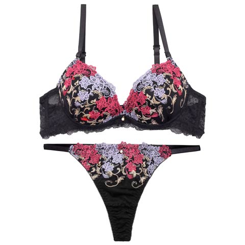 4/13新作!アラベスクビビッドブルームブラジャー&バック透けTバックショーツ［激売れ］(ブラック-A70/ショーツM)
