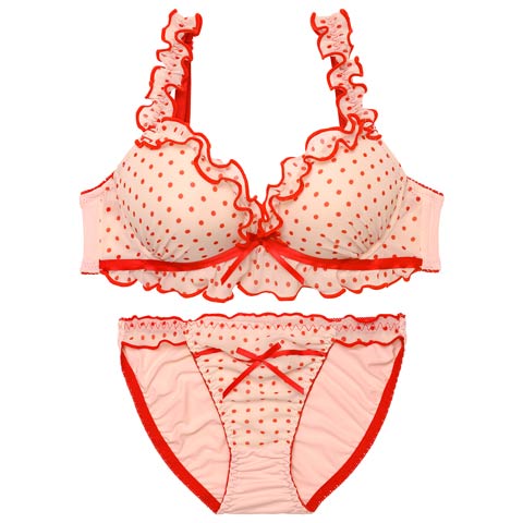 3/20新作!【EFサイズ】スウィーティドットフリルブラジャー&フルバックショーツ［大人気］(レッド-E70/ショーツM)