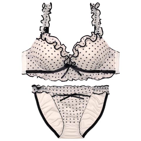 3/20新作!【EFサイズ】スウィーティドットフリルブラジャー&フルバックショーツ［大人気］(ブラック-E70/ショーツM)