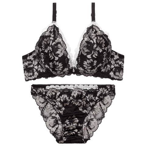 3/27新作!グラマラスフラワーレース育乳脇高ブラジャー&バック透けフルバックショーツ　［激売れ］(ブラック-B65/ショーツM)