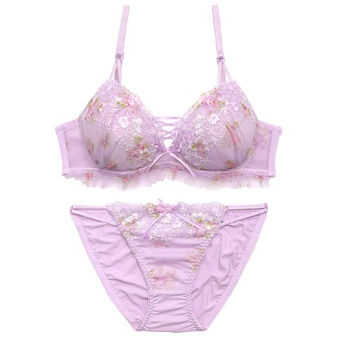4/10新作!【かとゆり着用】ガーリーフラワーレースアップブラジャー&フルバックショーツ［激売れ］(パープル-B65/ショーツM)