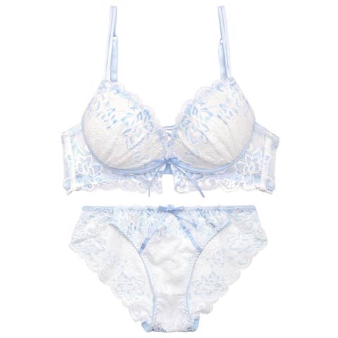 4/29新作!【かとゆり着用】パステルフラワーレースアップブラジャー&バック透けフルバックショーツ［激売れ］(サックス-B65/ショーツM)