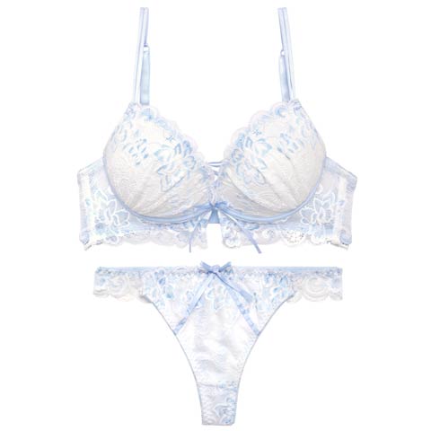 4/29新作!【かとゆり着用】パステルフラワーレースアップブラジャー&バック透けTバックショーツ［激売れ］(サックス-B65/ショーツM)