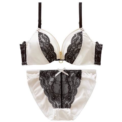 4/13新作!【EFサイズ】サテンレースファスナーブラジャー&フルバックショーツ［大人気］［L］(ホワイト-E70/ショーツM)