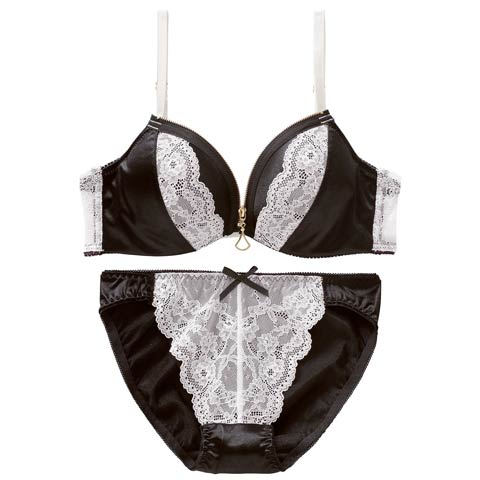4/13新作!【EFサイズ】サテンレースファスナーブラジャー&フルバックショーツ［大人気］［L］(ブラック-E70/ショーツM)