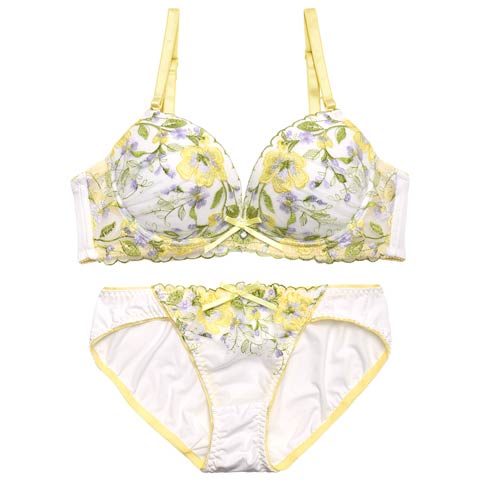 4/27新作!ピュアボタニカルフラワーブラジャー&フルバックショーツ［激売れ］(イエロー-B65/ショーツM)