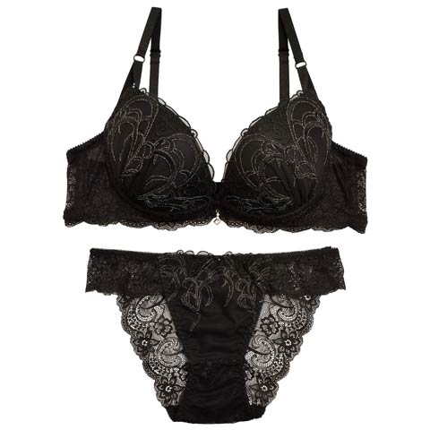 ナチュラルプティエンブロイダリーブラジャー&バック透けフルバックショーツ［大人気］(ブラック-B65/ショーツM)