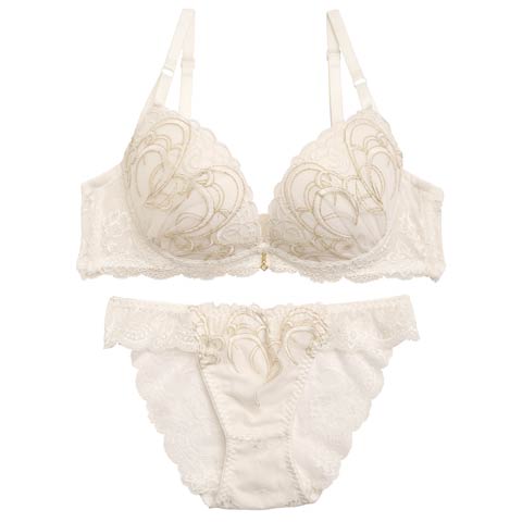 ナチュラルプティエンブロイダリーブラジャー&バック透けフルバックショーツ［大人気］(ホワイト-B65/ショーツM)