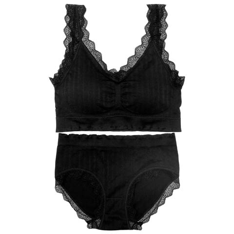 【5月頃再入荷決定★只今リクエスト募集中】【ノンワイヤー】ハーフトップレースブラジャー&フルバックショーツ［激売れ］(ブラック-ML)