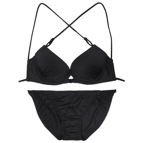 【EFサイズ】クロスコードフロントホックブラジャー&フルバックショーツ［大人気］(ブラック-E65/ショーツM)