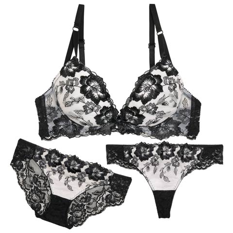 11/5新作!【3点セット】ベルフルールエンブロイダリーブラジャー&バック透けフルバック&Tバックショーツ［大人気］(ブラック-B65/ショーツM)