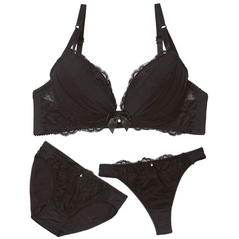 12/19新作!【3点セット】クラシックチュールレースブラジャー&フルバック&Tバックショーツ［大人気］(ブラック-B65/ショーツM)