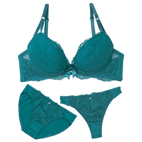 12/19新作!【3点セット】【EFサイズ】クラシックチュールレースブラジャー&フルバック&Tバックショーツ［大人気］(グリーン-E65/ショーツM)