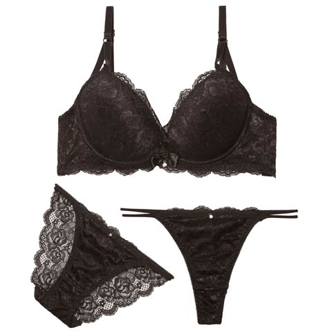 3/9新作!【三上悠亜着用】【3点セット】エレガントカシュクールレースブラジャー&バック透けフルバック&Tバックショーツ［大人気］(ブラック-B65/ショーツM)