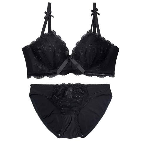 11/7新作!【ノンワイヤー】クラシックリボンヴェールブラジャー&フルバックショーツ［激売れ］(ブラック-M)