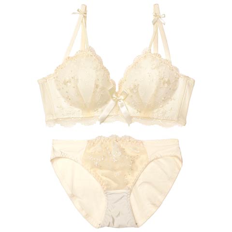 11/7新作!【ノンワイヤー】クラシックリボンヴェールブラジャー&フルバックショーツ［激売れ］(クリーム-M)