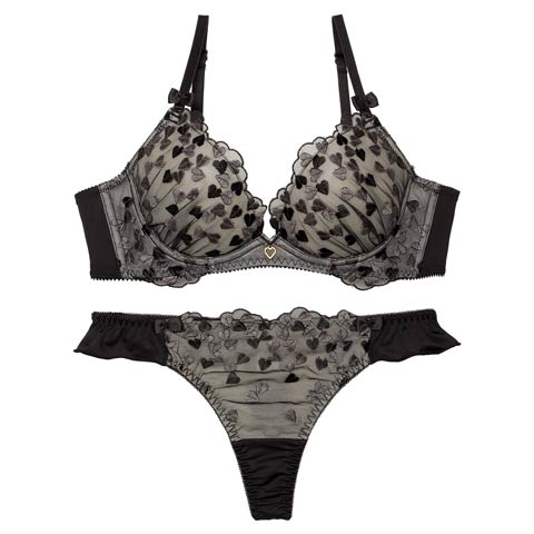 キューティーリボンハートブラジャー&Tバックショーツ［大人気］［Xmasセール］(ブラック-B65/ショーツM)