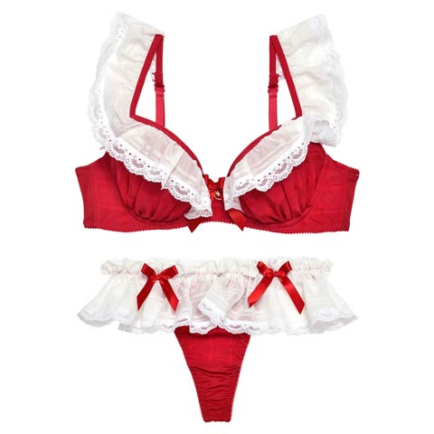 10/9再販!ラブリーフリルメイドブラジャー&Tバックショーツ［大人気］(レッド-B65/ショーツM)