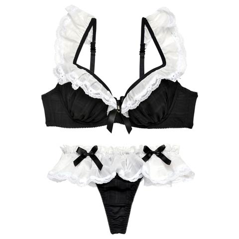 10/9再販!ラブリーフリルメイドブラジャー&Tバックショーツ［大人気］(ブラック-B65/ショーツM)