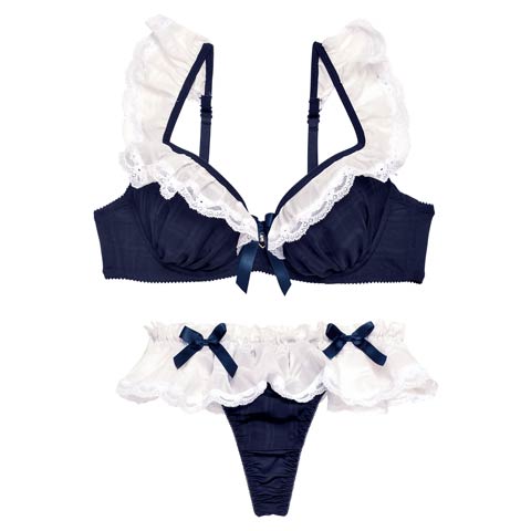10/9再販!ラブリーフリルメイドブラジャー&Tバックショーツ［大人気］(ネイビー-B65/ショーツM)