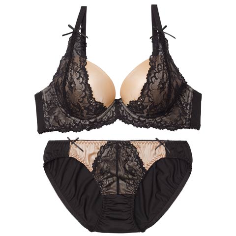 2/27新作!【EFサイズ】ノーブルヌーディレースブラジャー&フルバックショーツ［大人気］(ブラック-E65/ショーツM)