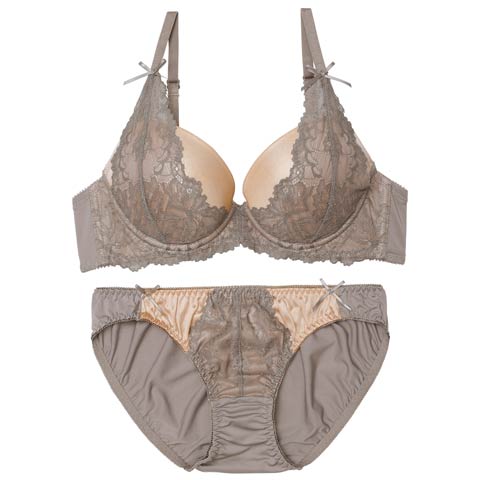 2/27新作!【EFサイズ】ノーブルヌーディレースブラジャー&フルバックショーツ［大人気］(グレー-E65/ショーツM)