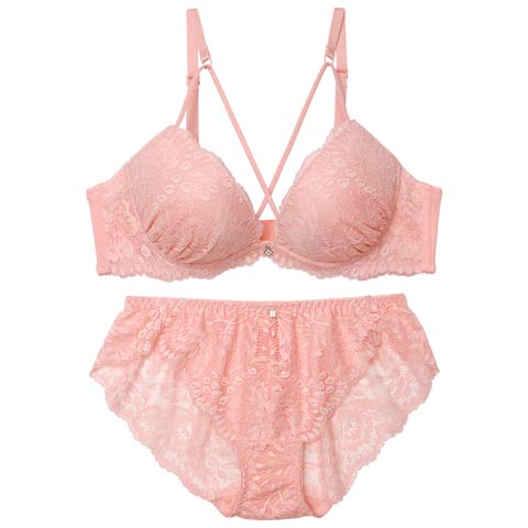 3/23新作!【EFサイズ】クラッシーフローラルレースブラジャー&バック透けフルバックショーツ ［大人気］(ピンク-E65/ショーツM)
