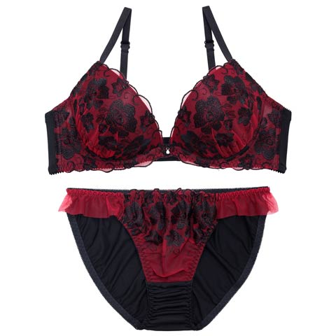 4/13新作!【EFサイズ】リッチディープローズブラジャー&フルバックショーツ［大人気］［L］(ワインレッド-E65/ショーツM)