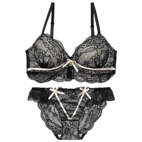シャルムリボンレーシィブラジャー&バック透けフルバックショーツ［激売れ］(ブラック-A65/ショーツM)