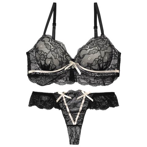 【EFサイズ】シャルムリボンレーシィブラジャー&バック透けTバックショーツ［大人気］(ブラック-E65/ショーツM)