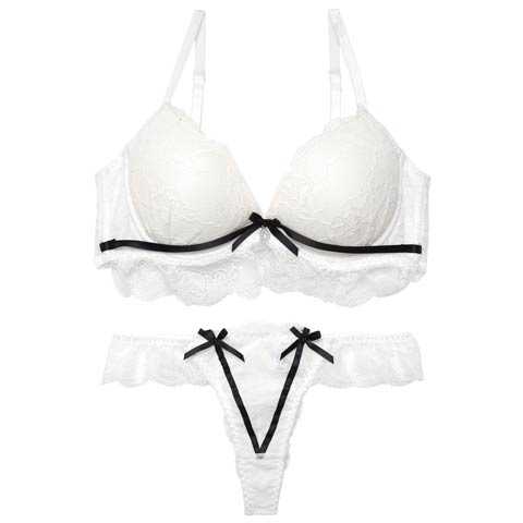 【EFサイズ】シャルムリボンレーシィブラジャー&バック透けTバックショーツ［大人気］(ホワイト-E65/ショーツM)