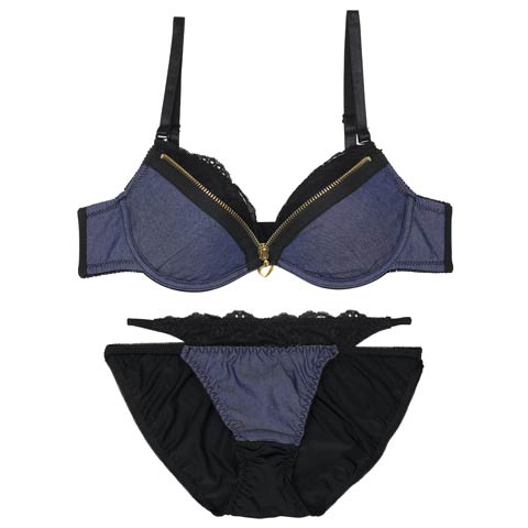 レイヤードファスナーデニムブラジャー&フルバックショーツ［大人気］(ネイビー-A65/ショーツM)