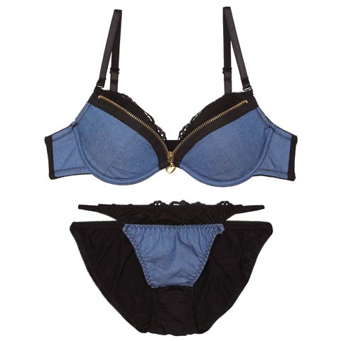 レイヤードファスナーデニムブラジャー&フルバックショーツ［大人気］(サックス-A65/ショーツM)