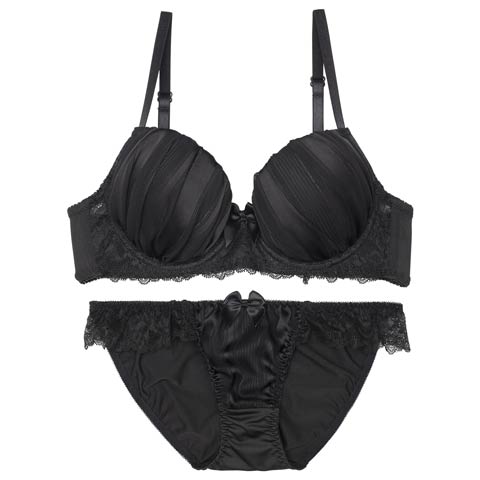 10/9再販!シャイニーストライプレースブラジャー&フルバックショーツ［激売れ］［週末セール］(ブラック-A65/ショーツM)