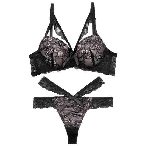 【EFサイズ】ラディアントコードレース育乳脇高ブラジャー&バック透けTバックショーツ［大人気］(ブラック-E65/ショーツM)